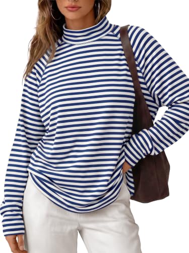 Trendy Queen Women Striped Long Sleeve T Shirts Mock Neck Cotton Blend Tops at Amazon