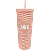 Sorority Shop Delta Phi Epsilon Studded Tumbler with Straw - 24 Oz Tumbler with Lid and Straw, Matte Coral, Reusable Plastic Cup with Screen Printed Greek Letters for Water, Ice Coffee or Any Drink