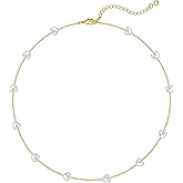 HERIER Gold Necklace for Women Dainty Heart Necklace 14K Gold Plated Tiny Pearl Chain Necklace for Women Simple Jewelry