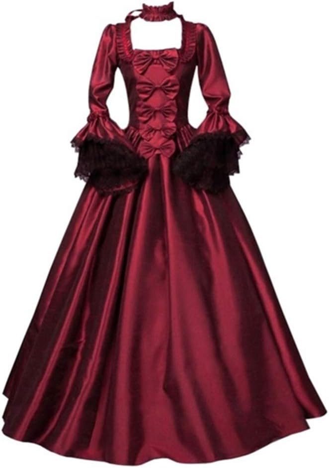 Maxtapos Maxtapos-Medieval Gothic Solid Color Bow Lace Patchwork Flare Sleeve Ball Gown Maxi Dress for Women Cosplay Cocktail Party Show Costume Wine Red M