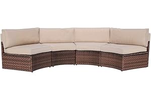 SUNSITT 4-Piece Outdoor Half-Moon Sectional Wicker Sofa Set Patio Furniture, Brown PE Rattan and Beige Cushions