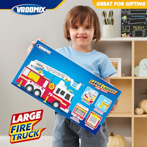 Extra Large Toddler Fire Truck Toys for Boys with 33-inch Ladder, Realistic Sirens, Lights & Sprinkler Pump, Big Firetruck Emergency Vehicle, Kids Toys for Age 2, 3, 4, 5, 6 Christmas Birthday Gifts