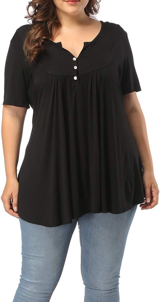 Women's Plus Size Henley V Neck Button Up Tunic Tops Casual Short Sleeve Ruffle Blouse Shirts