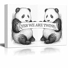 Canvas Wall Art - Two Pandas with The Banner Yes We are Twins - Gallery Wrap Modern Home Art | Ready to Hang - 12x18 inches
