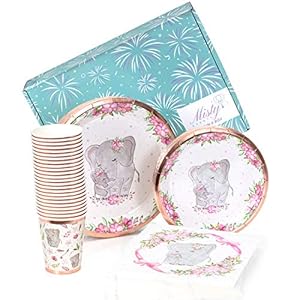 Elephant Baby Shower Girl Tableware Set of 24，Baby Elephant Baby Shower Decorations Girl，Baby Shower Plates and Napkins…