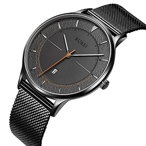 BUREI Unisex Stylish Thin Minimalist Designer Watches with Large Dark Grey Face Date Calendar Mineral Crystal Black Milanese Mesh Strap