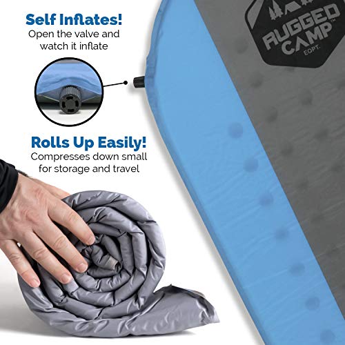 Rugged Camp Self Inflating Sleeping Pad - Sleep Comfortably in The Outdoors - Camping Gear and Accessories for Hiking, Backpacking, Travel - Lightweight and Compact Camping Mat (Blue)