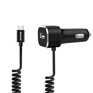 USB Type C Car Charger, Nekteck 5.4A USB-C Car Charger Adapter with Integrated Built-in Type-C 3.1 Cord for Google Pixel 3 2/ XL, Galaxy S9/ S9 Plus/Note 8/ S8/ S8 Plus More, Black - Coiled Cord