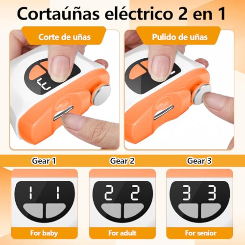 Cortauñas Electrico, 2026 nuevo 3 en 1 Cortaúñas Automático y Pulidor, 3 velocidades Cortauñas Eléctrica Ajustable Automático con Luz LED y Recargable por USB, para bebés, adultos y ancianos - Naranja