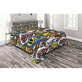 Lunarable Superhero Coverlet Set Queen Size, Comics Speech Bubbles Beep Wow with Vivid Old Effects Boys Supernatural Print, 3 Piece Decorative Quilted Bedspread Set with 2 Pillow Shams, Multicolor