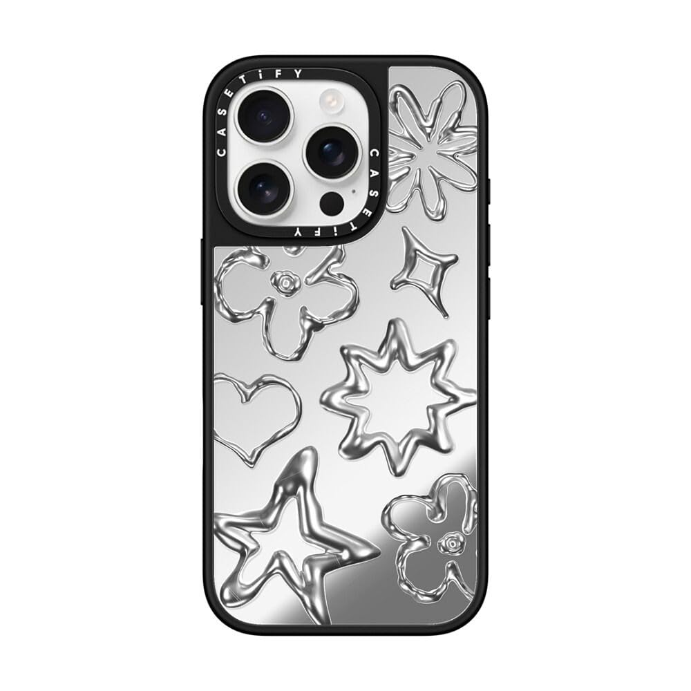 CASETiFY Mirror iPhone 16 Pro Case [Reflective / 4.9 ft. 1X Military Grade Drop Protection/Compatible with Magsafe] - Chrome Doodles - Silver on Black
