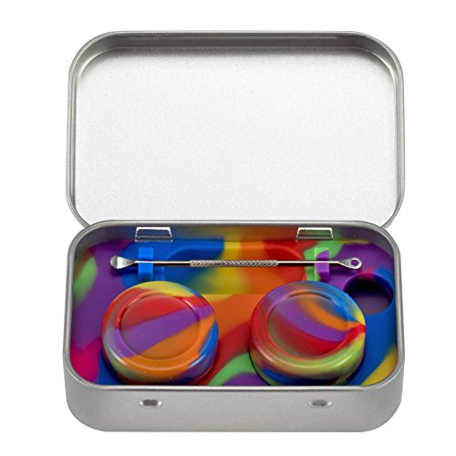 XIFEI portable stainless steel tin box 2-5ml silicone container jars，non-stick storage wax carrying case with extra stainless steel spoons (7 colors)