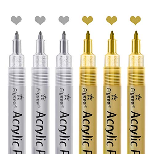 isightguard Acrylic Paint Pens,6 Pack Black White Paint Markers, Paint Pens for Rock Painting Stone Ceramic Glass Wood Plastic Glass Metal Canvas,Drawing, Water-Based Acrylic Paint Sets (Gold+Silver)