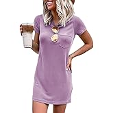 Ladiyo Women T Shirt Dress Summer Fashion Mini Dress Crew Neck Short Sleeve Dress Solid Color Casual Dress with Pocket