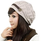 LOCOMO Women Cabled Checker Pattern Knit Beanie Hat Cap Button Strap FFH080BEI