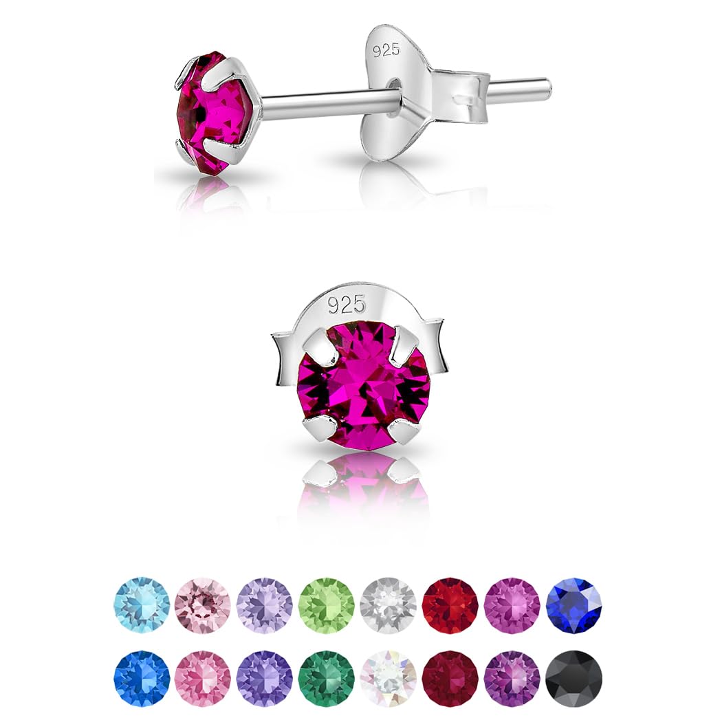 925 Sterling Silver Round SMALL Stud Earrings made with Glittering Crystals - Silver Studs Earrings for Woman - Diameter: 4 mm - Colour : Fuchsia