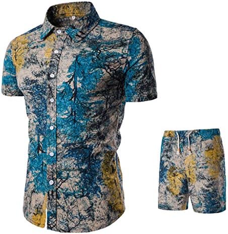 Mens Summer Shirts Pants Sets Fashion Floral Printed Suit Casual Short Sleeve Button Down Tops Shorts Outfit