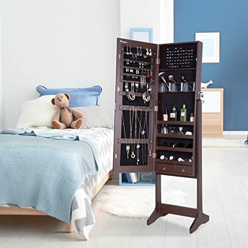 Nicetree Jewelry Cabinet with Full-Length Mirror, Standing Lockable Jewelry Armoire Organizer, 3 Angel Adjustable, Brown - Thumbnail 7
