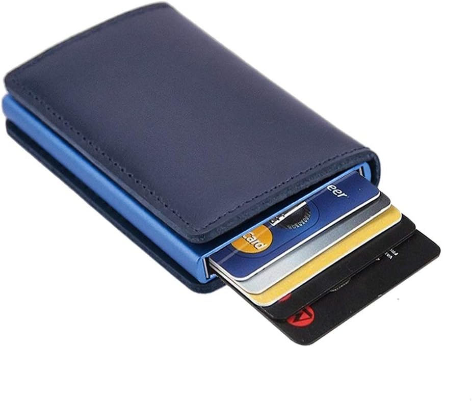 Dlife Credit Card Holder RFID Blocking Wallet Slim Wallet Cowhide Leather Vintage Aluminum Business Card Holder Automatic Pop-up Card Case Wallet Security Travel Wallet (Blue Case)