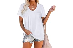 WIHOLL Women Summer T Shirts Short Sleeve Rounded V Neck Pocket Tee Tops
