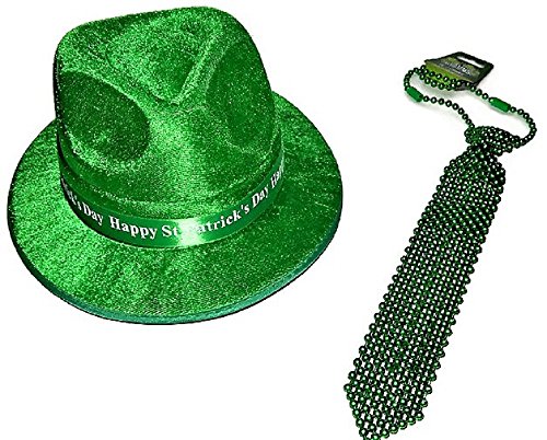 Bundle ST. Patricks Day Hat and Tie, 2 items, 1 Green Velvet Fedora and 1 Bead Necktie