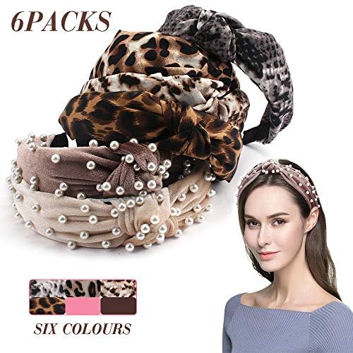 6 Pack Wide Headbands for Women, Including 2pcs Elegant Velvet Headband and 4pcs Leopard Printed Knotted Headbands Head Hoop Hair Decor Accessories