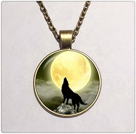 Man Fashion Bronze Pendant Necklace Sliver Wolf Necklace Wolf Howling at the Moon Jewelry Glass Dome Cabochon