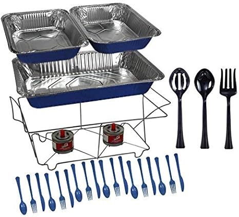 Amazon Com Tiger Chef 33 Piece Blue Food Warmer Chafing Dish Buffet Set Disposable Chafing Dishes With Colorful Baking Pans Fuel Gel Burns 2 5 Hours Serving Utensils And Plastic Cutlery Kitchen Dining