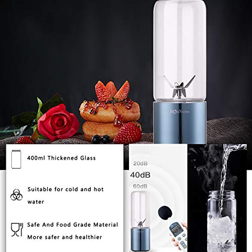 BonNoces Portable Personal Blender, USB Rechargeable Glass Juicer Cup, Six Blades in 3D, 400ml with Travel Lid Small Fruit Blender for Shakes and Smoothies