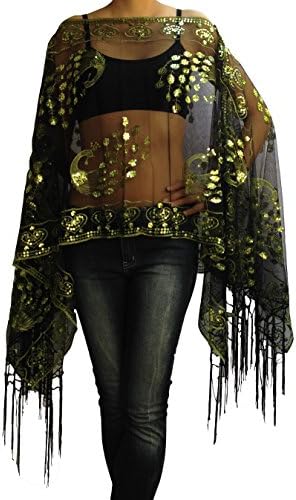 Embroidery Scarf, Caftan Dress Tops Tunic,Iridescent Green-black Fringe