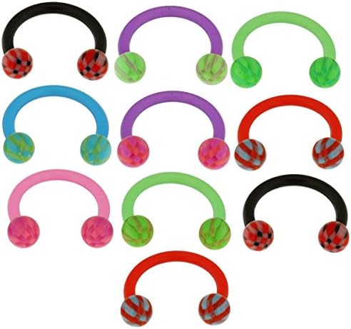 16Gx3/8 (1.2x10MM) Bioflex Circular Barbell with 3MM UV Multi Colored Checker Ball Body jewelry - 10 Pieces Assorted Color as Show