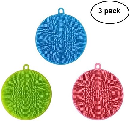 Silicone Dish Washing Brush, Sauran Multifunctional Kitchen Cleaner, Food-grade Antibacterial Dishwashing Scrubber Sponge for Washing Pot /Pan Dish Bowl / Fruit and Vegetable, Pack of 3