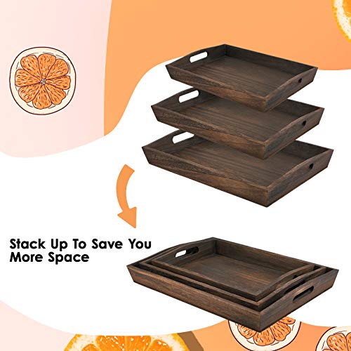 JUZI Rustic Wood Serving Tray with HandlesSet of 3Large Serving Trays