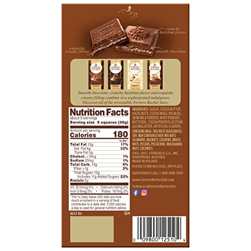 FERRERO ROCHER MILK CHOCOLATE HAZELNUT BAR, WITH COCOA FILLING , VALENTINE’S DAY CHOCOLATE GIFT, 3.1OZ