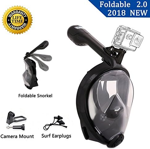 JOYOUTH Full Face Snorkel Mask 2.0 Foldable Full Face Snorkeling Diving Scuba Mask with Detachable GoPro Mount, 180°Panoramic Easy Breath Anti-fog Anti-leak for Adults Youth (Small, Black)