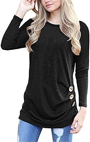 YOUHUA Women Long Sleeve Loose Button Trim Blouse solid color Round Neck Tunic T-Shirt Top(YJ07211-Black1-XL)