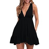 Febriajuce Womens Summer Mini Dress Loose Ruffle Deep V-Neck Backless Strap Solid Casual Short Dresses with Pockets