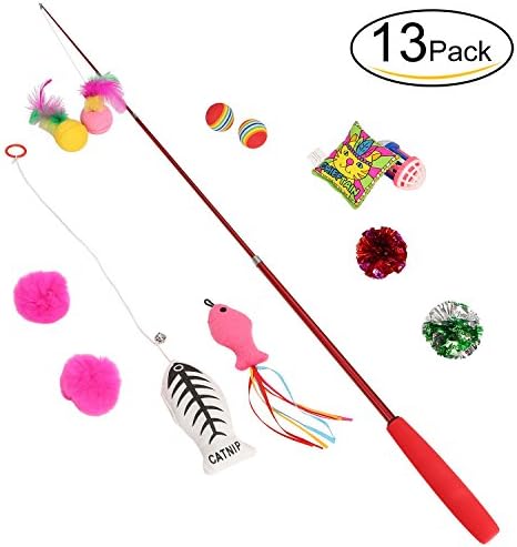 Etrech Retractable Cat Wand Rod With 12 Different Replaceable Assorted Cat Teaser Toys, Cat Toy Interactive Cat Fishing Toys for Exercising Kitten or Cat