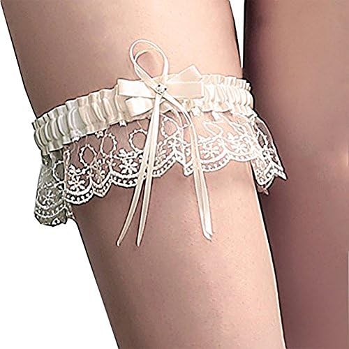 Haydice Brial Lace Floral Satin Garter Bowknot Rhinestone Button Wedding Bridal Leg Garter Belt Bride accessories (Beige)
