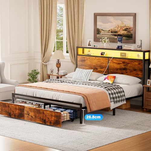WELIKERA Marco de Cama con 2 Cajones, Base Cama King Cabecera con Luces Led, Base de Cama con Cabecera Estación de Carga USB y Espacio de Almacenamiento, Cama King Marco de Cama Fácil Montaje