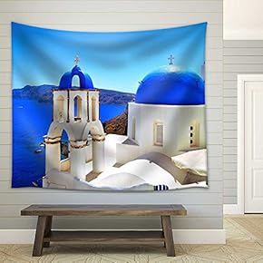 Beautiful Blue Dome Churches of Santorini, Greece - Fabric Wall Tapestry Home Decor - 51x60 inches