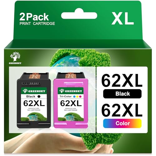 GREENSKY 62XL Kompatibel Ersatz für HP 62 Druckerpatronen 62 XL 62XL schwarz und Farbe Patronen für HP OfficeJet 250 200 5740 5742 Envy 5540 5548 7640 5640 5646 (1 Schwarz, 1 Farbe)