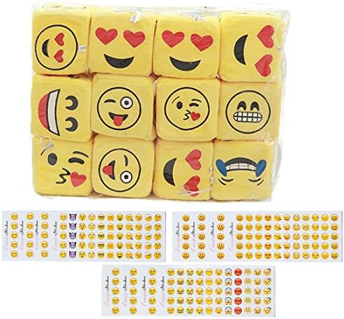 12 Pcs Soft Smile Face Emoji Dice Table Games Mini Plush Pillows Keychain Decorations emoticon pillow,12 Sheets Emoji Stickers for Funny Kids Birthday Party Supplies Favors Home Decoration Wall Decor