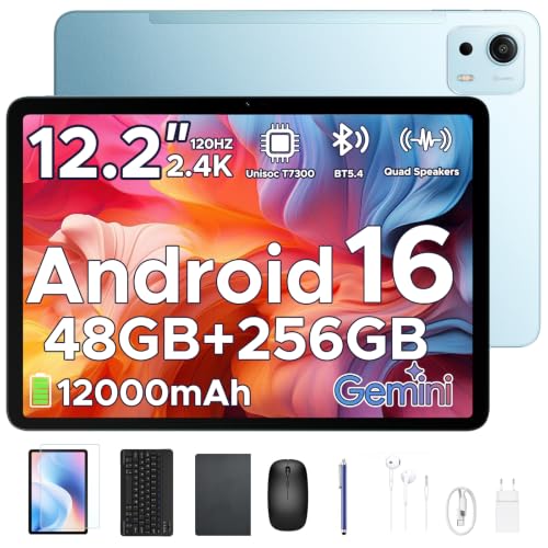 Easerush P12 Plus Tablet 12.2 Pulgadas, Android 16 & Gemini AI, 48GB RAM+256GB ROM/2TB, 120Hz 2.4K, T7300 Octa-Core, 12000mAh, Altavoces Cuádruples, Widevine L1/Tablet con Teclado y Ratón/Funda-Azul