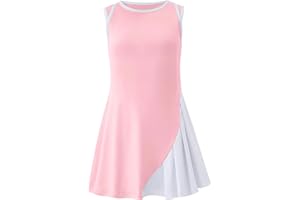 LIONJIE Girls Sleeveless Tennis Active Dresses with Shorts Kids Color Block Pleated Golf Pickleball Outfits with Pockets