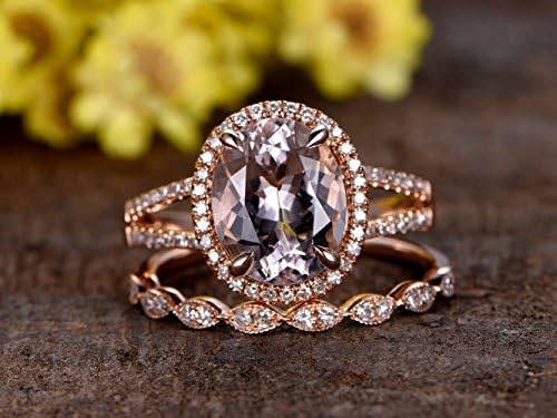 6x8mm Oval Cut 1.30ct Natural Pink Morganite Solid 14k Rose Gold 4 Claw Prongs Halo Split Shank Engagement Ring Half Eternity Marquise Milgrain Stacking Matching Bridal Diamond Wedding Band Set