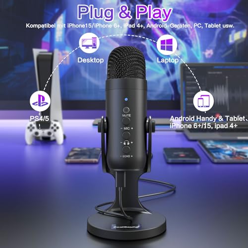 zealsound USB-C Condenser Microphone for PC, Mobile Phone, PS4, PS5, for Gaming, Podcast, Recording, Streaming, ASMR with Mute/Gain/Echo, Adapter for Phone, Compatible with Mac, Winows