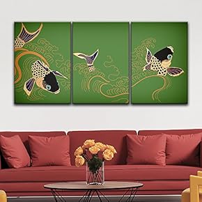 3 Panel Canvas Wall Art - Hand Drawn Fish on Green Background - Giclee Print Gallery Wrap Modern Home Art Ready to Hang - 16"x24" x 3 Panels