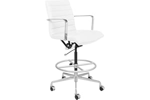 Laura Davidson Furniture SOHO II Ribbed Drafting Chair for Standing Desks - Ergonomically Designed, Commercial Grade Draft Height, Arm Rest & Cushion Availability, Made of Faux Leather, White