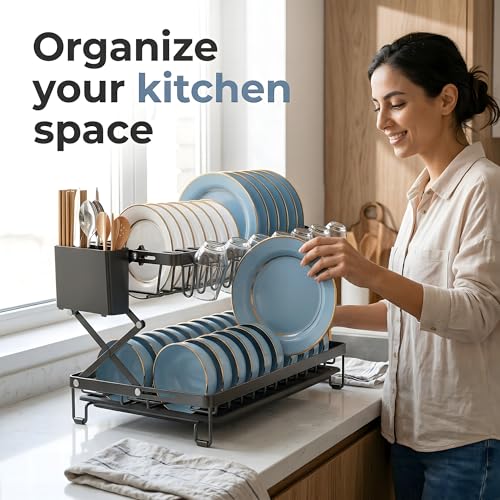 Beauenty 2 Tier Dish Drying Rack, With Drip Tray And Folding Design, Large Capacity Kitchen Dish Drainer For Small Kitchens, 42cm(Black)